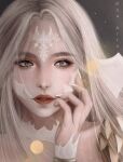  1girl au_ra blonde_hair close-up commission dragon_horns face facing_viewer final_fantasy final_fantasy_xiv hand_on_own_face highres horns kuu_(kuu.arts) lips long_hair looking_to_the_side scales silver_eyes solo 