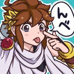  1boy 72kuri ahoge blue_background blue_eyes brown_hair kid_icarus kid_icarus_uprising laurel_crown making_faces outline pit_(kid_icarus) solo tongue tongue_out upper_body v-shaped_eyebrows white_outline 