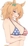  1girl :d absurdres american_flag american_flag_bikini american_flag_print animal_ears aqua_eyes bikini breasts collarbone flag_print hair_ornament highres himuraanzu horse_ears horse_girl horse_tail large_breasts looking_at_viewer open_mouth orange_hair print_bikini simple_background smile solo star_(symbol) star_hair_ornament swimsuit taiki_shuttle_(umamusume) tail teeth umamusume upper_body upper_teeth_only white_background 