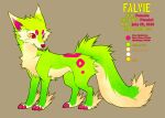  2011 ambiguous_gender canid canine claws color_swatch countershade_fur countershading english_text falvie falvie_(character) female_(lore) feral fionbri fluffy fluffy_tail fur green_body green_fur mammal model_sheet paws pink_eyes pink_nose pink_spots quadruped solo sparkledog spots standing tail text yellow_sclera 