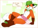  2015 anthro applepup biped black_ears blush canid canine clothed clothing collar dialogue diaper dipstick_ears ear_markings english_text fox fur green_collar green_ears green_hair green_nose green_pawpads green_tongue hair inner_ear_fluff mammal multicolored_body multicolored_ears multicolored_fur orange_ears orange_tail pawpads solo tail text tongue tuft two_tone_tail wearing_diaper white_tail 