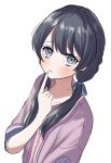  1girl baseball_jersey black_hair blue_eyes blue_ribbon blush collarbone commentary_request finger_to_own_chin hair_ribbon highres jersey link!_like!_love_live! long_hair looking_at_viewer love_live! low_twintails mole mole_on_neck murano_sayaka natsu_(natsukikenken) purple_shirt ribbon shirt short_sleeves simple_background solo twintails upper_body virtual_youtuber wavy_mouth white_background 