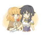  2girls armor black_hair blush breastplate deqqqooon earrings fire_emblem fire_emblem:_genealogy_of_the_holy_war gloves hair_ornament hairclip jewelry lana_(fire_emblem) larcei_(fire_emblem) looking_at_another multiple_girls open_mouth orange_eyes orange_hair purple_eyes purple_tunic ribbon shoulder_armor simple_background staff tunic 