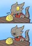  2024 2koma anthro belly_scales big_tail biped blep blue_background claws coal_(rakkuguy) comic digital_drawing_(artwork) digital_media_(artwork) female flat_colors food fruit furniture grey_body grey_scales hi_res horn horn_jewelry horn_ring jagged_mouth jewelry kobold lemon licking long_tail monotone_body monotone_scales plant pupils rakkuguy red_scarf ring_(jewelry) scales scalie scarf simple_background sketch slit_pupils solo table tail tapering_tail thick_tail tongue tongue_out yellow_sclera 