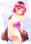  1girl absurdres arima_kana barefoot blush bob_cut breasts brown_jacket character_name copyright_name dress geet highres jacket looking_at_viewer medium_breasts medium_hair open_mouth oshi_no_ko purple_dress red_eyes red_hair short_hair solo sweater_jacket toes yurigera_8959 