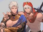  2boys abs arabian_clothes arabian_peninsula bare_shoulders bishounen blue_eyes closed_mouth dante_(devil_may_cry) devil_may_cry_(series) devil_may_cry_3 earrings hair_between_eyes hair_slicked_back harem_outfit head_chain highres hoop_earrings jewelry lin09 looking_at_viewer male_focus mature_male multiple_boys muscular muscular_male navel pectorals rebellion_(sword) siblings smile sword topless_male turban twins v vergil_(devil_may_cry) weapon white_hair 