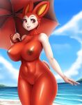  animal_crossing anthro areola big_breasts breasts bunnie_(animal_crossing) cloud digital_media_(artwork) female genitals hi_res holding_object holding_umbrella lagomorph leporid looking_at_viewer mammal mleonheart nintendo nipples nude open_mouth open_smile outside pussy rabbit sky smile solo umbrella video_games water 