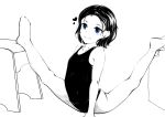  1girl absurdres bare_shoulders blue_eyes blush breasts contortion contortiong feet flexible greyscale heart highres leotard monochrome original oversplit parted_lips short_hair simple_background sketch small_breasts solo split stretching white_background 