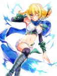  1girl blonde_hair blue_eyes blue_scarf electricity highres kid_icarus kid_icarus_uprising looking_at_viewer midriff navel one_eye_closed phosphora plant scarf shorts solo vines white_shorts yutapo 