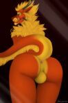  2018 anthro anus arm_tuft asian_mythology athletic balls beard bedroom_eyes black_horn black_sclera blonde_hair blonde_mane butt digital_media_(artwork) dragon east_asian_mythology eastern_dragon eyebrows facial_hair fenn.perrox forked_tongue fur genitals green_eyes hair hi_res horn looking_at_viewer looking_back looking_back_at_viewer male mane maundrill muscular mythology narrowed_eyes neck_tuft penis pose pupils red_body red_scales scales seductive shoulder_tuft slit_pupils smile solo text tongue tongue_out tuft watermark whiskers yellow_balls yellow_body yellow_fur 