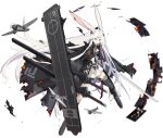  1girl animal_ears azur_lane black_cape black_gloves black_legwear blue_eyes bunny_ears burnt_clothes cape fingerless_gloves flight_deck gloves highres hiryuu_meta_(azur_lane) long_hair looking_at_viewer official_art open_mouth pleated_skirt rigging skirt smile solo sword thighhighs transparent_background very_long_hair weapon white_hair white_skirt xiao_(ye_yiaoxi) 