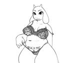  anthro baregote belly big_breasts big_butt bovid breasts butt caprine clothing deltarune female fur goat hi_res horn larger_female lingerie mammal mature_female monochrome overweight size_difference slightly_chubby smile solo solo_focus text thick_thighs toriel undertale undertale_(series) underwear undressing white_body white_fur wide_hipped_female wide_hips 