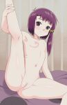  1boy 1girl absurdres bed blanket breasts brown_eyes brown_hair completely_nude expressionless hair_ornament highres iwakura_lain kiniro_tofu looking_at_viewer navel nipples nude on_bed pussy serial_experiments_lain solo spread_legs 