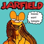  alien anthro big_eyes black_text blue_background clothing crossover cursed cursed_image english_text garfield_(series) garfield_the_cat gungan humor hybrid jar_jar_binks looking_at_viewer male open_mouth orange_body orange_skin orange_teeth orange_vest parody red_text simple_background solo star_wars text thought_bubble thought_cloud topwear unknown_artist vest what where_is_your_god_now why 
