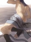  1boy arm_support arm_up ass back black_hair black_legwear blue_hair commentary_request cu_chulainn_(fate)_(all) fate/stay_night fate_(series) from_behind hand_in_hair highres kneehighs lancer long_hair lying male_focus mondi_hl muscular nude on_side pants shirtless solo toeless_legwear 