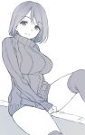  1girl breasts deyuuku eyebrows_visible_through_hair large_breasts looking_at_viewer monochrome original short_hair simple_background sitting sleeves_past_wrists smile solo sweater thighhighs thighs white_background 
