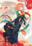  1girl :d abstract_background ankle_boots aqua_hair bangs black_hakama blush boots brown_footwear curcumin eyebrows_visible_through_hair floral_print from_behind full_body gradient_hair hakama haori highres hip_vent hololive hololive_english japanese_clothes kimono long_hair long_sleeves looking_at_viewer looking_to_the_side multicolored multicolored_background multicolored_hair open_clothes open_mouth orange_hair orange_kimono print_kimono purple_eyes smile solo takanashi_kiara twitter_username virtual_youtuber wide_sleeves 