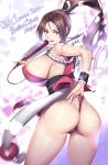  1girl ass breasts brown_hair closed_fan fan fatal_fury folding_fan from_side high_ponytail highres holding holding_fan huge_breasts looking_back ninja no_bra ponytail pose revealing_clothes rope saigadou shiranui_mai sideboob snk solo the_king_of_fighters thong 