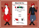  anthro belly black_feet border bottomwear canid canine clothing coat digitigrade english_text featureless_crotch fox fur green_eyes grey_nose hi_res katana male mammal melee_weapon model_sheet nude orange_border pants red_body red_fur red_tail scarf stated_homosexuality stated_sexuality sword text topwear weapon white_belly white_inner_ear white_muzzle white_tail_tip 