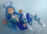  1girl ass bangs blue_eyes blue_hair bodysuit boku_no_hero_academia boots breasts breasts_apart clenched_hand clenched_hands clenched_teeth commentary drill_hair full_body gloves hadou_nejire hair_horns hands_up large_breasts light_blue_hair long_hair looking_at_viewer medium_breasts pussy school_uniform skin_tight solo suoiresnu teeth torn_bodysuit torn_clothes twin_drills very_long_hair white_gloves 