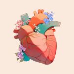  anatomy beige_background blue_flower flower flower_request heart_(organ) jauni_(tofublock) no_humans original pink_flower plant purple_flower simple_background textless veins 