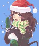  1girl :d absurdres assault_lily bangs blue_background blue_eyes blush brown_hair green_mittens hat highres kaede_johan_nouvel long_hair long_sleeves looking_at_viewer mittens open_mouth santa_hat scarf smile solo tarou_(user_tpmh7442) upper_body yellow_scarf 