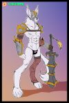  abs anthro armor canid canine canis clothing fur hi_res jackal male mammal mask solo thong unconvincing_armor underwear warrior weapon white_body white_fur xamrock yellow_eyes 