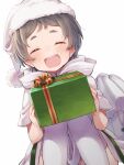  1girl ^_^ ^o^ artist_name black_hair blush box capelet closed_eyes commentary feet_out_of_frame gift gift_box hat holding holding_gift kantai_collection knees_together_feet_apart maru-yu_(kantai_collection) open_mouth pom_pom_(clothes) sack santa_costume santa_hat short_hair signature simple_background smile solo thighhighs totto_(naka) upper_teeth white_background white_capelet white_legwear white_santa_costume 