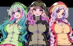  3girls :d african_rock_python_(kemono_friends) amazon_tree_boa_(kemono_friends) animal_print aqua_hair arm_behind_back arms_behind_back bangs blonde_hair boomslang_(kemono_friends) bow bowtie braid breasts choker collarbone drawstring eyebrows_visible_through_hair fangs gloves green_eyes green_hair hand_on_own_chest highres hood hood_up hooded_jacket jacket kemono_friends large_breasts long_hair long_sleeves looking_at_viewer multicolored_hair multiple_girls open_clothes open_jacket open_mouth print_jacket purple_eyes purple_hair quatre_aaaa raised_eyebrow red_eyes red_hair shirt side-by-side skirt slit_pupils smile snake_print twin_braids upper_body very_long_hair 