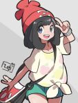  1girl beanie black_hair collarbone eyebrows_visible_through_hair green_shorts grey_background hat hiisu_(s-1104-d) jewelry looking_at_viewer pokemon pokemon_(game) pokemon_sm red_headwear ring selene_(pokemon) shirt short_shorts short_sleeves shorts signature simple_background smile solo upper_teeth v z-ring 