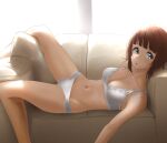  1girl amami_haruka aqua_eyes bangs bare_arms bare_shoulders blunt_bangs blush bra breasts brown_hair commentary_request couch highres idolmaster idolmaster_(classic) indoors lace lace-trimmed_bra lace-trimmed_panties lace_trim looking_at_viewer lying medium_breasts navel on_back panties short_hair solo tama_(seiga46239239) underwear underwear_only white_bra white_panties 