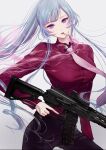  1girl ak-12 ak-12_(girls_frontline) alternate_costume assault_rifle breasts filha girls_frontline grey_hair gun highres holding holding_gun holding_weapon long_hair long_sleeves looking_at_viewer medium_breasts mouth_hold pink_neckwear ponytail purple_eyes rifle solo weapon 