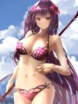 1girl belly_poke bikini bracelet breasts cloud cloudy_sky egami fate/grand_order fate_(series) flower gae_bolg_(fate) hair_flower hair_intakes hair_ornament highres jewelry large_breasts light_blush navel outdoors pink_bikini purple_bikini purple_hair red_eyes scathach_(fate)_(all) scathach_(swimsuit_assassin)_(fate) sky swimsuit 