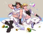  2boys :d abs alternate_color anz aqua_eyes arm_behind_head arm_support bare_shoulders battle_tendency belt black_footwear black_gloves blonde_hair blue_footwear blue_gloves boots bouquet brown_hair bubble caesar_anthonio_zeppeli coat collarbone commentary_request crop_top facial_mark feathers fingerless_gloves flower gloves green_eyes hair_feathers hand_on_own_knee hand_up headband highres holding holding_bouquet index_finger_raised indian_style jewelry jojo_no_kimyou_na_bouken joseph_joestar_(young) knee_boots looking_at_another male_focus midriff multiple_boys multiple_sources navel open_mouth pants pectorals ring scarf short_hair side-by-side sideways_glance sitting skin_tight sleeveless sleeves_rolled_up smile stomach striped striped_scarf sunflower tank_top tongue triangle_print upper_teeth white_coat white_flower white_footwear white_pants yellow_flower 