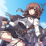  1girl 547th_sy black_legwear black_shirt black_skirt blue_neckwear blue_sky braid breasts brown_hair cannon cloud cloudy_sky eyebrows_visible_through_hair green_eyes hair_between_eyes highres jacket kantai_collection large_breasts long_sleeves looking_at_viewer machinery necktie noshiro_(kantai_collection) panties rigging sailor_collar shirt skirt sky smokestack solo thighhighs torpedo turret twin_braids underwear white_panties 