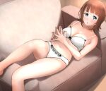  1girl amami_haruka aqua_eyes bangs bare_arms bare_legs bare_shoulders barefoot blush bow bra breasts brown_hair collarbone commentary_request couch fingers_together hands_together highres idolmaster idolmaster_(classic) looking_at_viewer lying medium_breasts nail_polish navel on_back on_couch own_hands_together panties short_hair solo tama_(seiga46239239) underwear underwear_only white_bra white_panties 