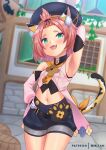  1girl animal_ears arm_up armpits barrel blush breasts building cat_ears cat_tail detached_sleeves diona_(genshin_impact) fang genshin_impact gloves green_eyes hair_ornament half-closed_eyes hand_on_hip hat highres long_sleeves looking_at_viewer midriff mir_fille_de_meiou navel open_mouth patreon_username pose short_hair shorts sleeveless small_breasts smile tail tied_hair window 