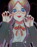 1girl bangs bbjj_927 blue_border blue_eyes blue_hair border breasts commentary_request crazy_eyes danganronpa_(series) danganronpa_v3:_killing_harmony double-breasted glasses hands_up heart heart_of_string highres holding jacket large_breasts long_hair long_sleeves looking_at_viewer open_mouth parted_bangs red_border red_ribbon ribbon semi-rimless_eyewear shirogane_tsumugi shirt skirt smile solo string string_of_fate tongue tongue_out upper_body white_shirt 