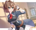  1girl aqua_eyes ascot belt belt_buckle blush breasts brown_belt brown_hair buckle cowboy_shot eyebrows_visible_through_hair gloves hair_between_eyes highres kantai_collection long_sleeves medium_breasts medium_hair messy_hair military military_uniform pleated_skirt ponytail red_neckwear red_ribbon ribbon rukinya_(nyanko_mogumogu) sheffield_(kantai_collection) skirt smile solo uniform white_gloves white_skirt 