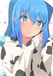  1girl alternate_costume animal_print arms_up blue_eyes blue_hair blush bright_pupils chinese_zodiac cirno cow_print eyebrows_visible_through_hair floral_background hair_between_eyes hair_ribbon head_tilt heart highres hood hood_down hoodie looking_at_viewer mizune_(winter) own_hands_together patterned_background ribbon short_hair sleeves_past_wrists smile solo touhou white_background white_pupils year_of_the_ox 