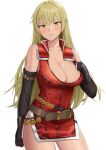  1girl bare_shoulders belt belt_buckle blonde_hair breasts buckle cleavage closed_mouth dada_(dadada_20) eyebrows_visible_through_hair fingerless_gloves fire_emblem fire_emblem:_the_binding_blade gloves hand_on_own_chest highres igrene_(fire_emblem) large_breasts long_hair upper_body yellow_eyes 