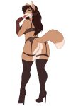  anthro butt canid canine clothed clothing ear_piercing ear_ring female footwear fox fur garter_belt garter_straps hair high_heels hoop_earring licking looking_back mammal missy_(artist) nikki_(missy) piercing shoes simple_background solo tongue tongue_out 