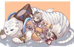  1girl animal_ears bangs blunt_bangs bodysuit border cat_ears dromarch_(xenoblade) facial_mark flat_chest full_body gloves highres nia_(xenoblade) orange_background pixerite short_hair silver_hair sitting smile teeth tiger white_border white_gloves white_tiger xenoblade_chronicles_(series) xenoblade_chronicles_2 yellow_bodysuit yellow_eyes 