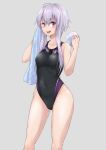  1girl black_swimsuit breasts competition_swimsuit contrapposto cowboy_shot goggles goggles_around_neck grey_background highleg highleg_swimsuit highres nib_pen_(medium) one-piece_swimsuit purple_eyes purple_hair short_hair_with_long_locks simple_background small_breasts smile solo standing swimsuit towel traditional_media vocaloid voiceroid white_towel yuzuki_yukari zooanime 