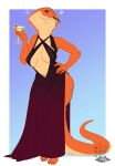  2021 alcohol annoyed anthro beverage black_sclera black_tongue blue_eyes breasts claws cleavage clothed clothing cobra cocktail dress eyelashes feet female finger_claws hand_on_hip hi_res holding_beverage holding_object hyucaze martini navel nipple_outline nipples olive_(disambiguation) orange_body orange_scales reptile scales scalie simple_background snake solo standing toe_claws tongue tongue_out 