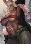  1girl abs animal_ears arm_up armpits black_panties breasts commentary_request dark_skin eyepatch fur-trimmed_jacket fur_trim ghyslaine_dedorudia jacket kisuu large_breasts lips looking_at_viewer looking_down midriff mushoku_tensei navel panties pants red_eyes silver_hair skindentation smile solo toned underwear unzipped 