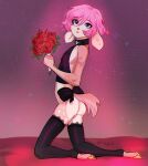  &lt;3 anthro blue_eyes cervid clothed clothing collar crossdressing flower girly hair holding_flower holding_object hooves legwear male mammal pattern_background pink_body pink_hair plant ribbons rose_(flower) scut_tail simple_background solo stockings tail_bow tail_ribbon targso yellow_hooves 