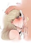  1boy 1girl bangs blonde_hair blue_eyes blush commission crying crying_with_eyes_open cum cum_in_mouth dbdkitty deepthroat fellatio from_side heart hetero highres irrumatio long_hair oral overflow persona persona_5 simple_background solo_focus takamaki_anne tears throat_bulge trembling white_background 