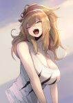  1girl absurdres animal_ears arknights bangs bare_arms bare_shoulders blush breasts brown_eyes brown_hair cleavage commentary hair_between_eyes head_tilt highres huge_filesize large_breasts lion_ears long_hair looking_at_viewer ohako_(ohako1818) one_eye_closed open_mouth siege_(arknights) solo tank_top upper_body white_tank_top yawning 