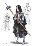 1girl armor armored_boots boots breastplate closed_eyes dated full_body gauntlets greaves habit highres looking_at_viewer medieval nun original pirata_(gailtonatiu) plate_armor polearm sabaton shoulder_armor signature sketch solo war_hammer weapon white_background 